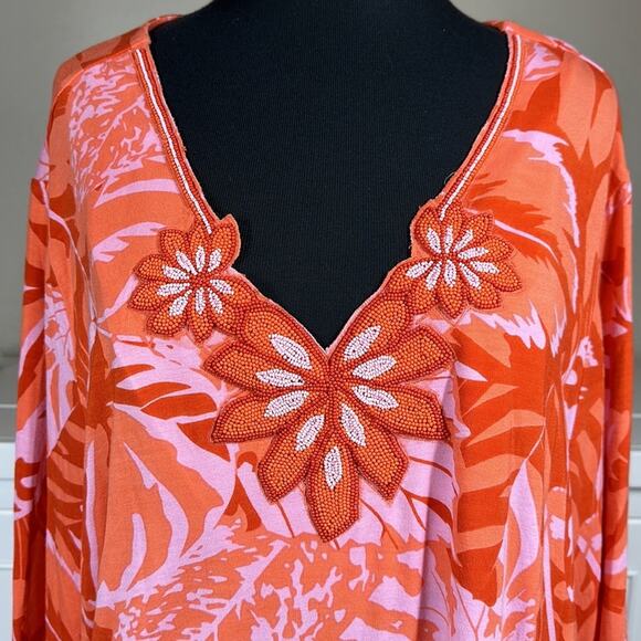 Soft Surroundings Del Rio Embellished Tunic Top Orange Pink Floral Size 2X - Picture 6 of 15